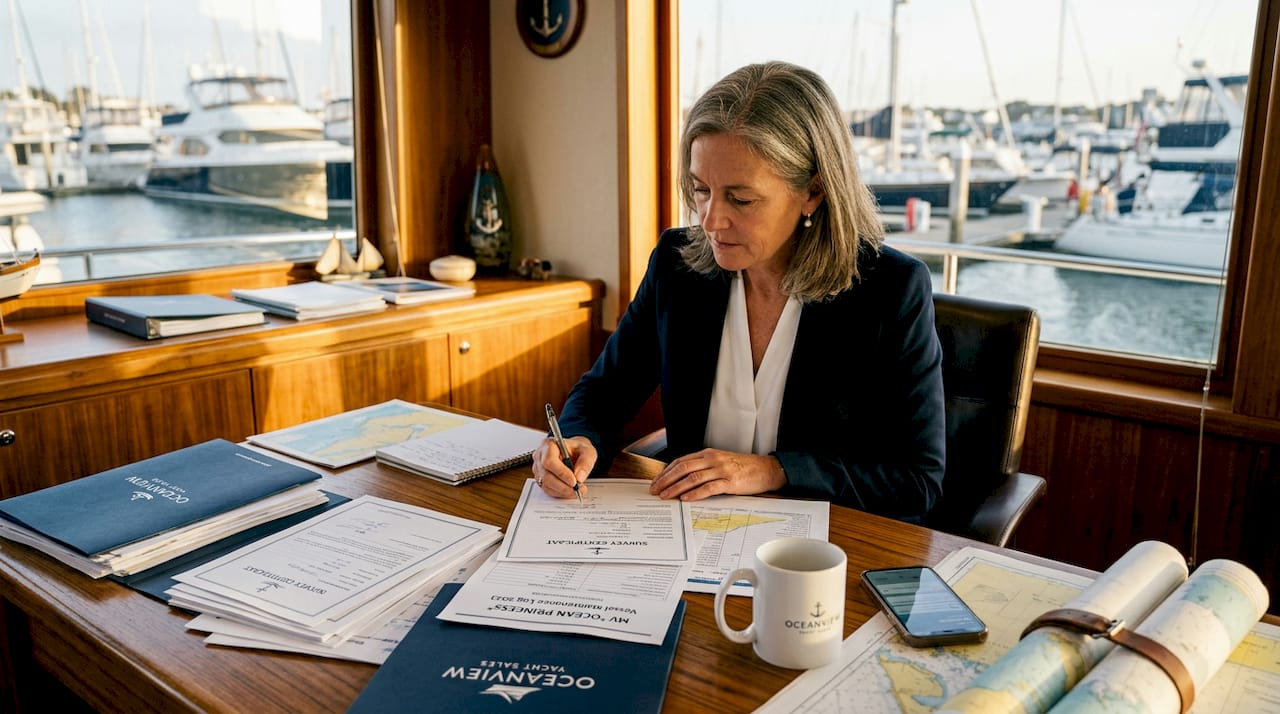Broker reviewing yacht survey records