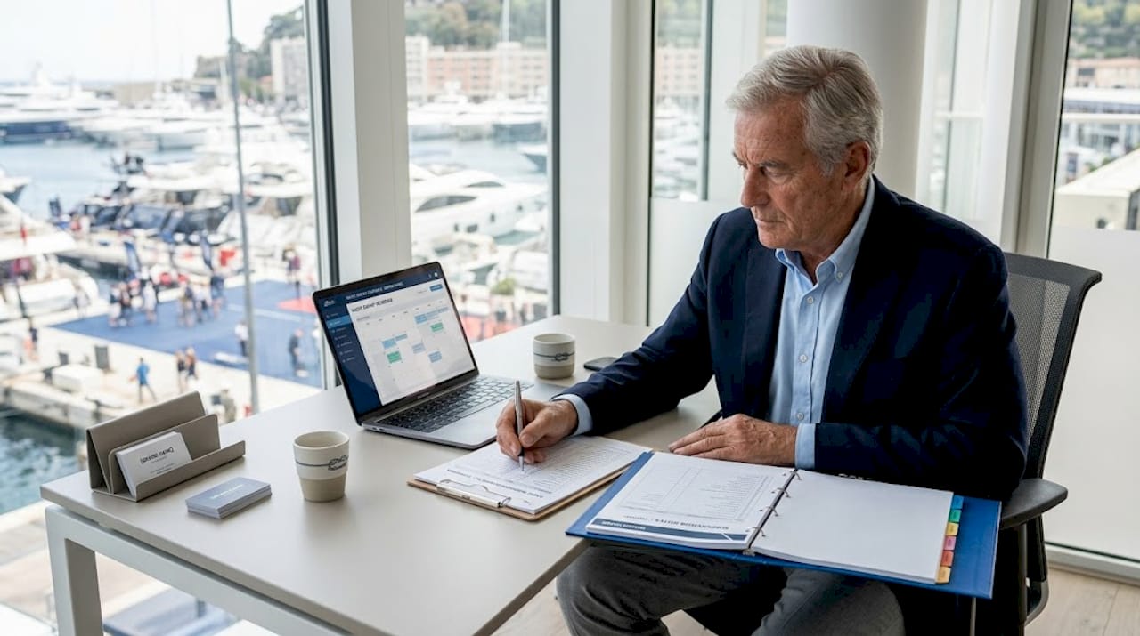 Owner’s rep manages yacht paperwork in office
