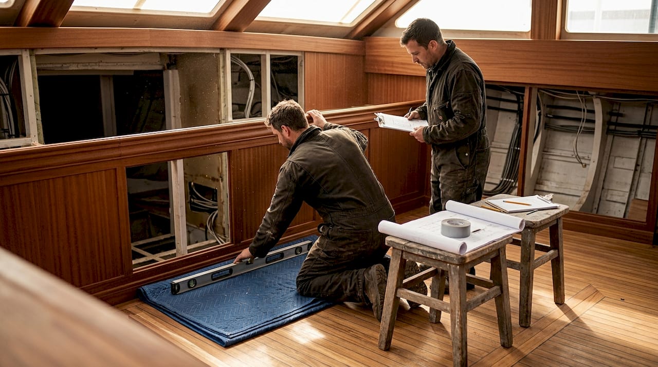 Workers fitting wood paneling inside yacht interior