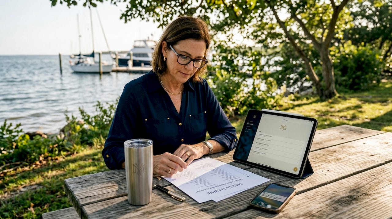 Yacht owner reviews maintenance checklist outdoors