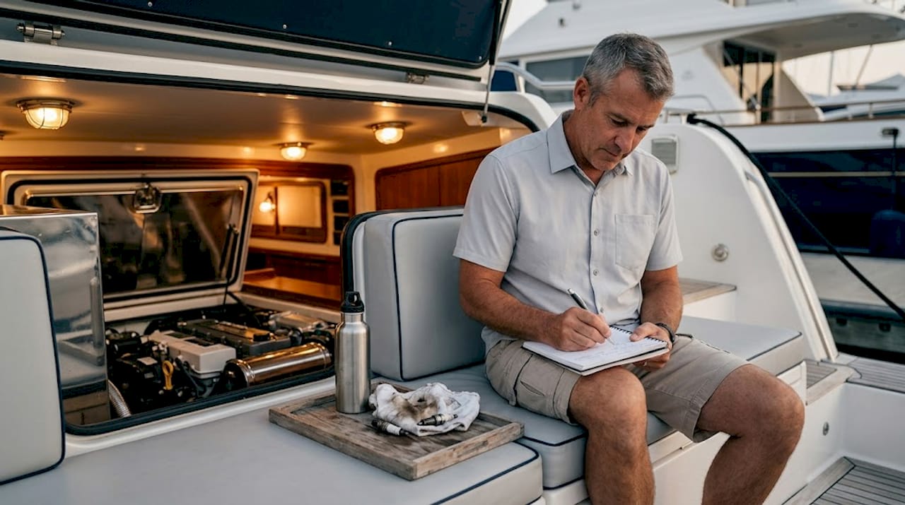 Yacht owner updating engine maintenance logbook