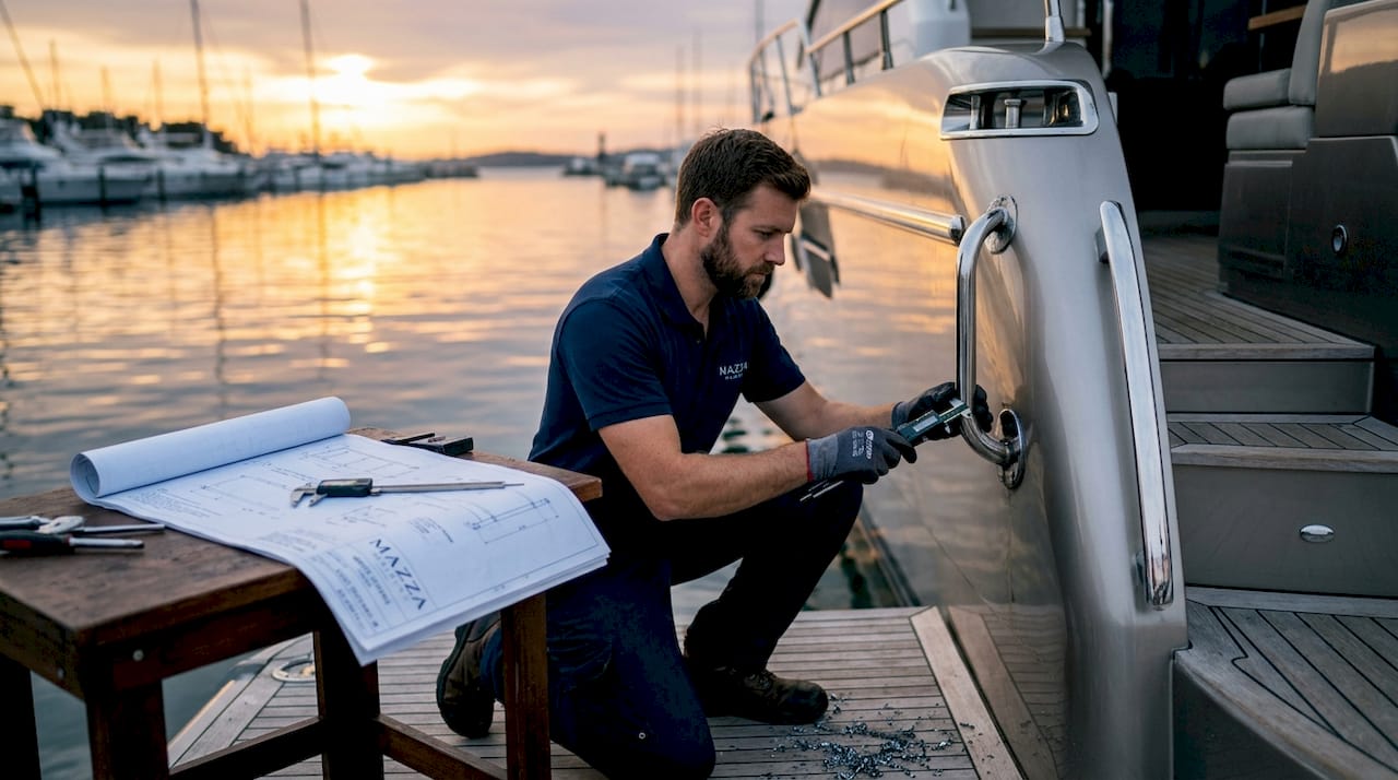 Marine technician inspects welded boat bracket