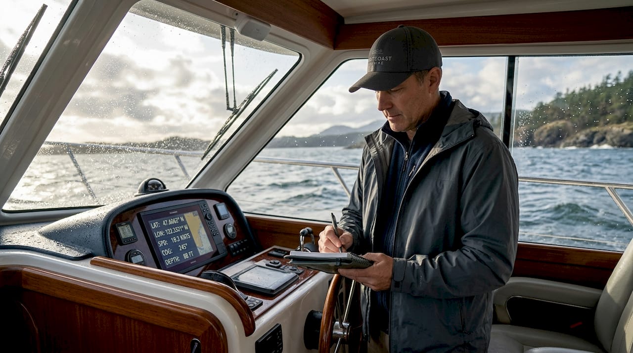 Surveyor jotting notes on yacht sea trial