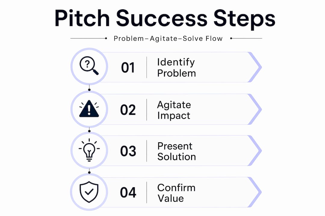 Infographic visualizing problem-agitate-solve pitch steps