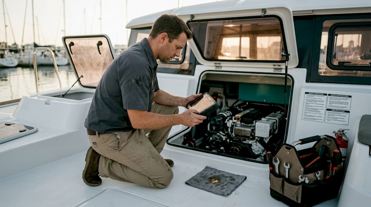 Marine engineer checks yacht safety systems onboard