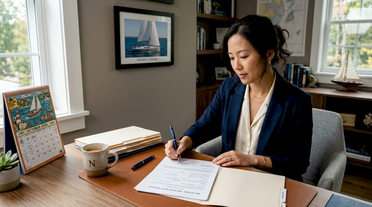 Signing official yacht bill of sale paperwork in home office