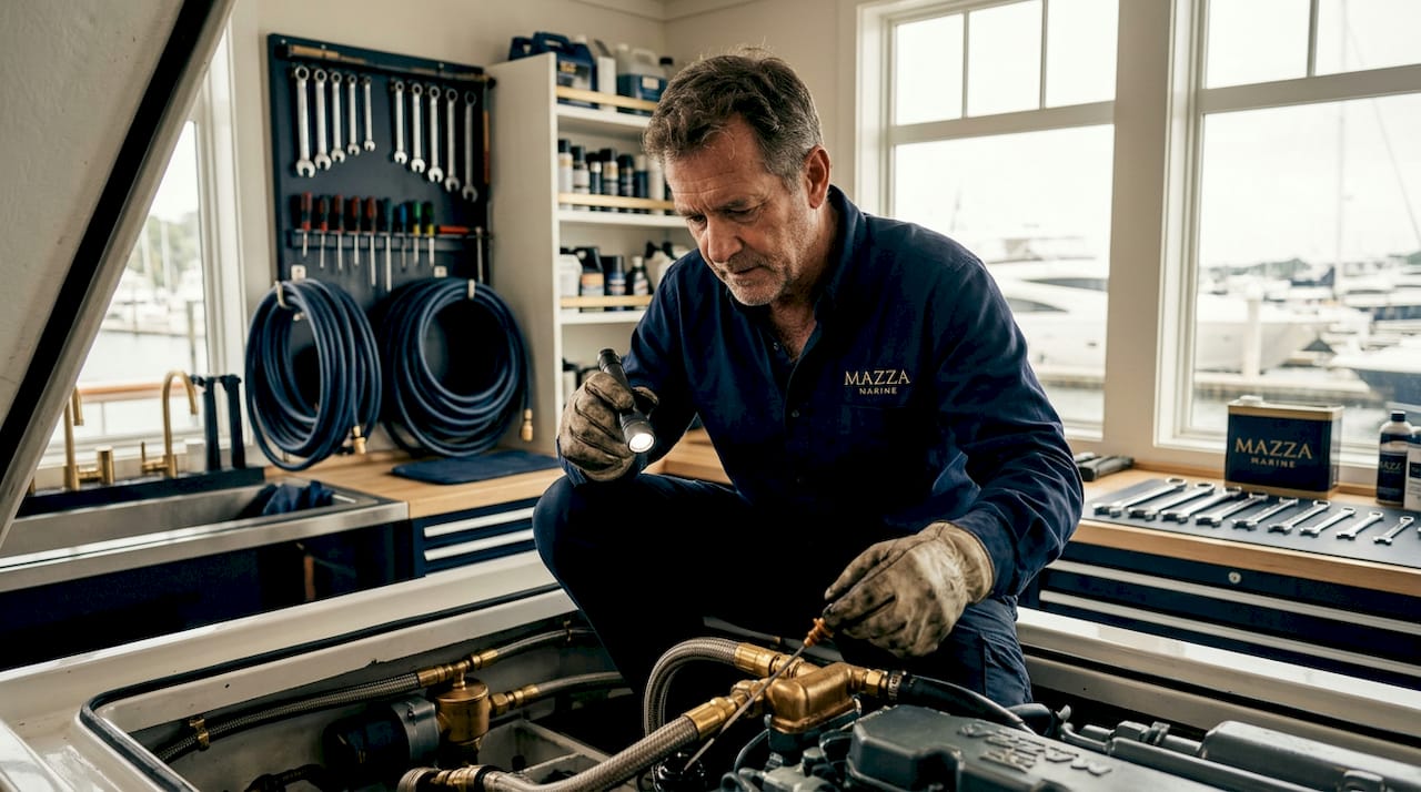 Technician inspecting yacht engine compartment