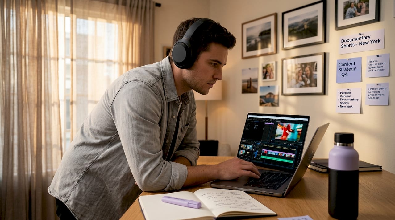 Video creator editing short-form video at home desk