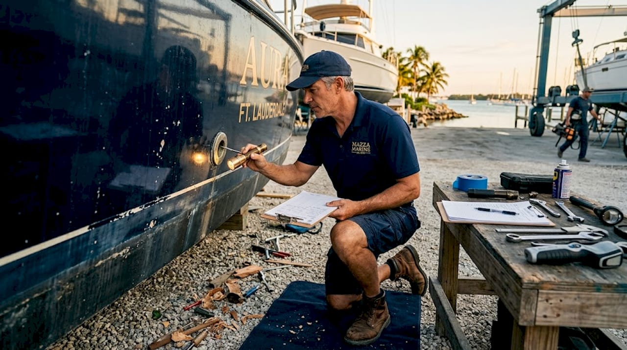 Marine surveyor checks hull fitting details