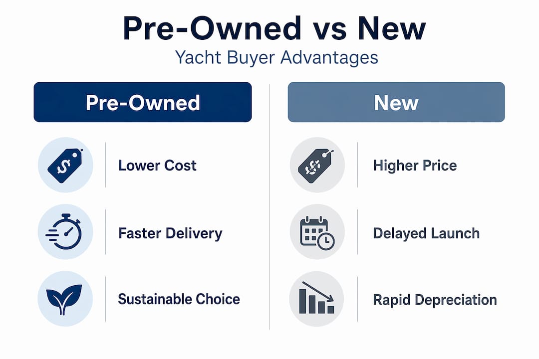 Infographic comparing pre-owned and new yachts