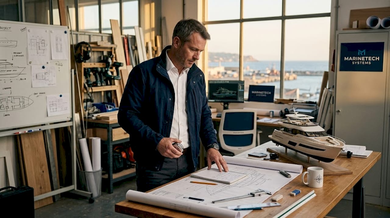 Manager reviewing yacht model and blueprints