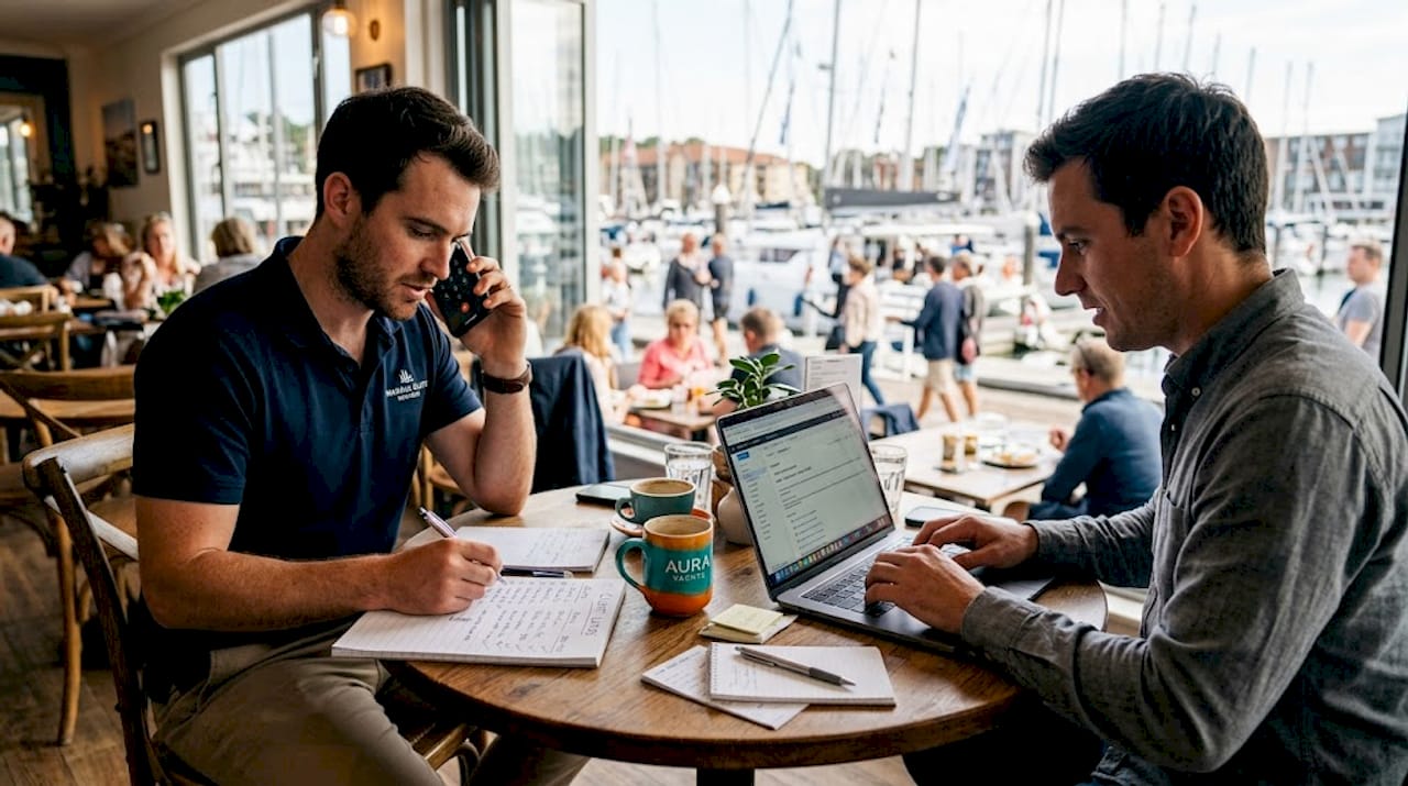 Yacht brokers calling clients in shared office