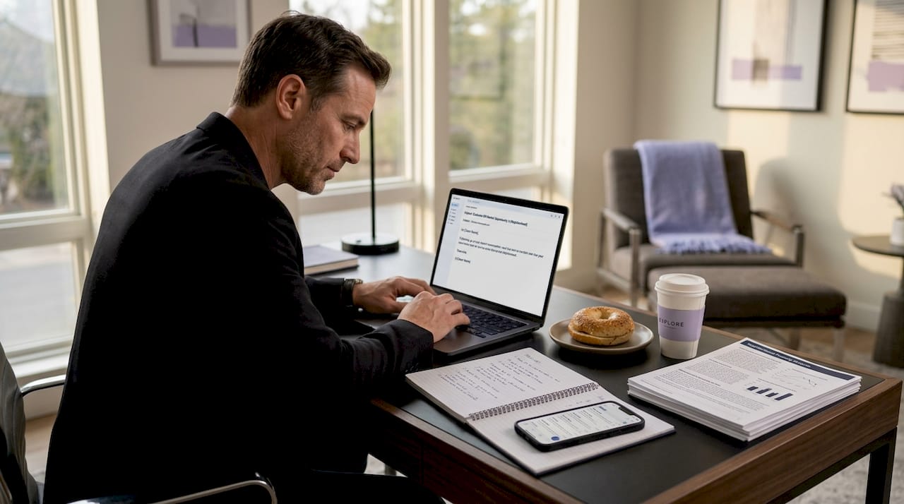 Agent sending outreach email in coworking space