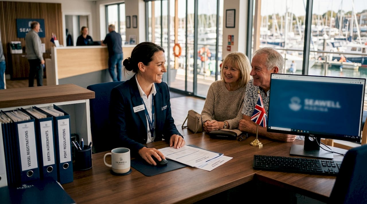 Maritime official assisting yacht owners at desk