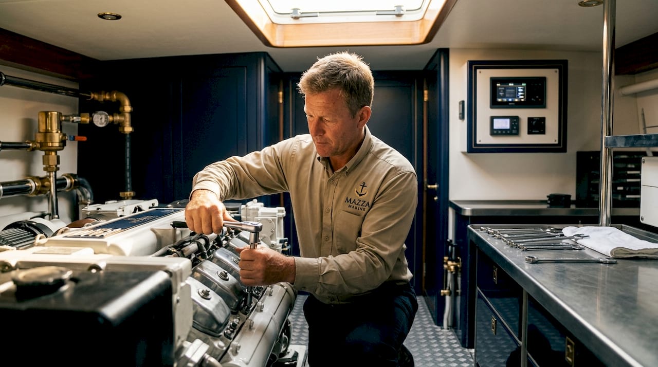 Technician performing in-frame yacht engine repair