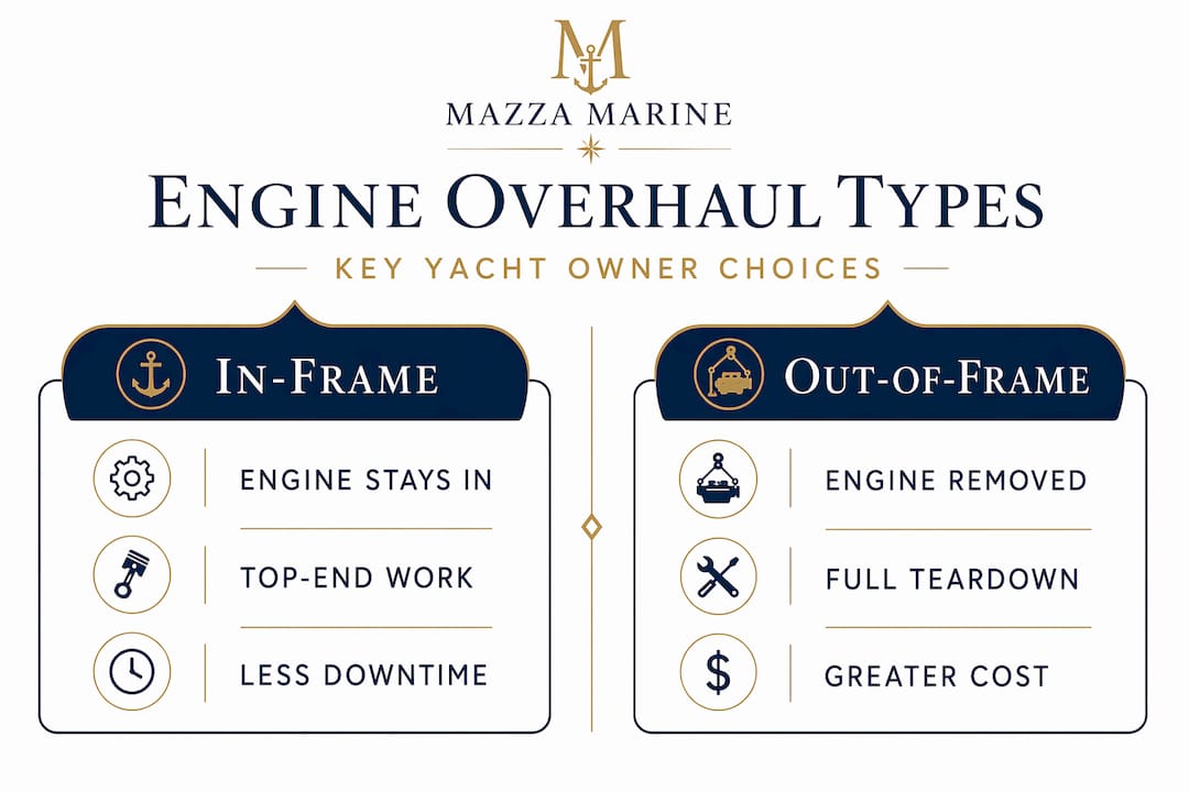 Infographic comparing in-frame versus out-of-frame yacht engine overhaul