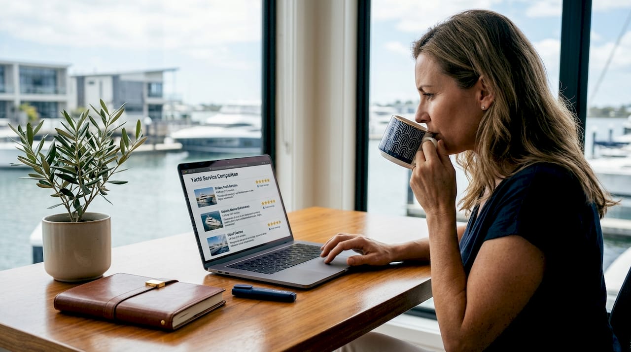 Woman reading yacht service provider reviews