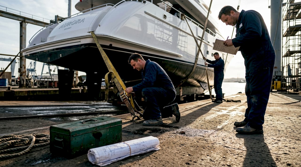 Technicians preparing yacht launch sequence