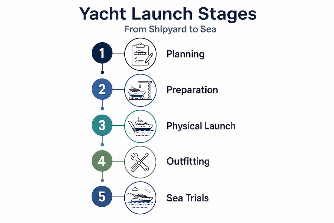 Vertical infographic listing yacht launch process steps