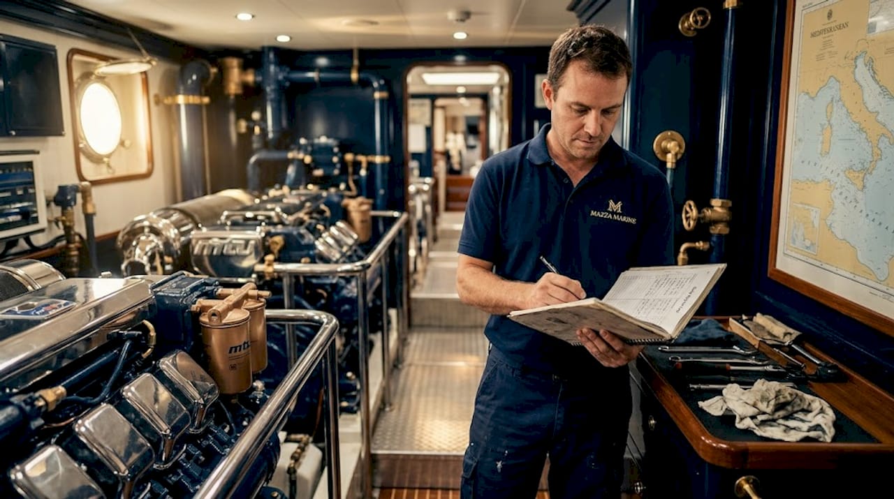 Marine technician updating yacht maintenance record