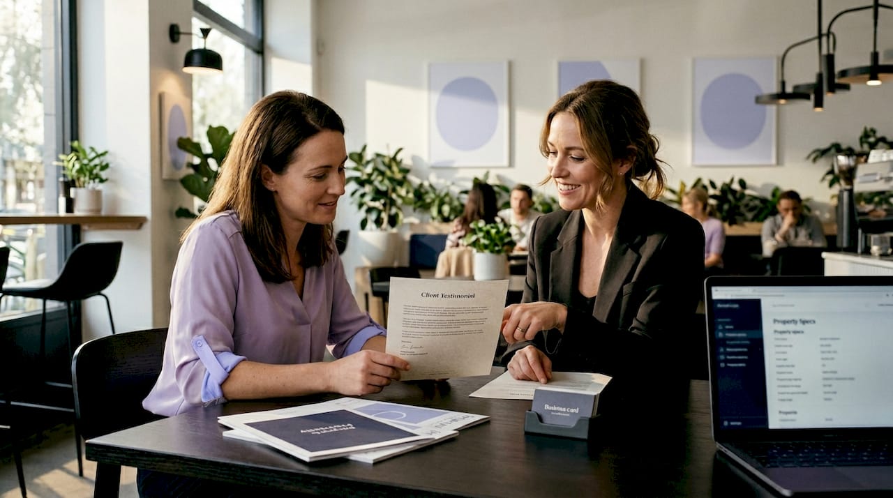 Agent and client reading testimonial together