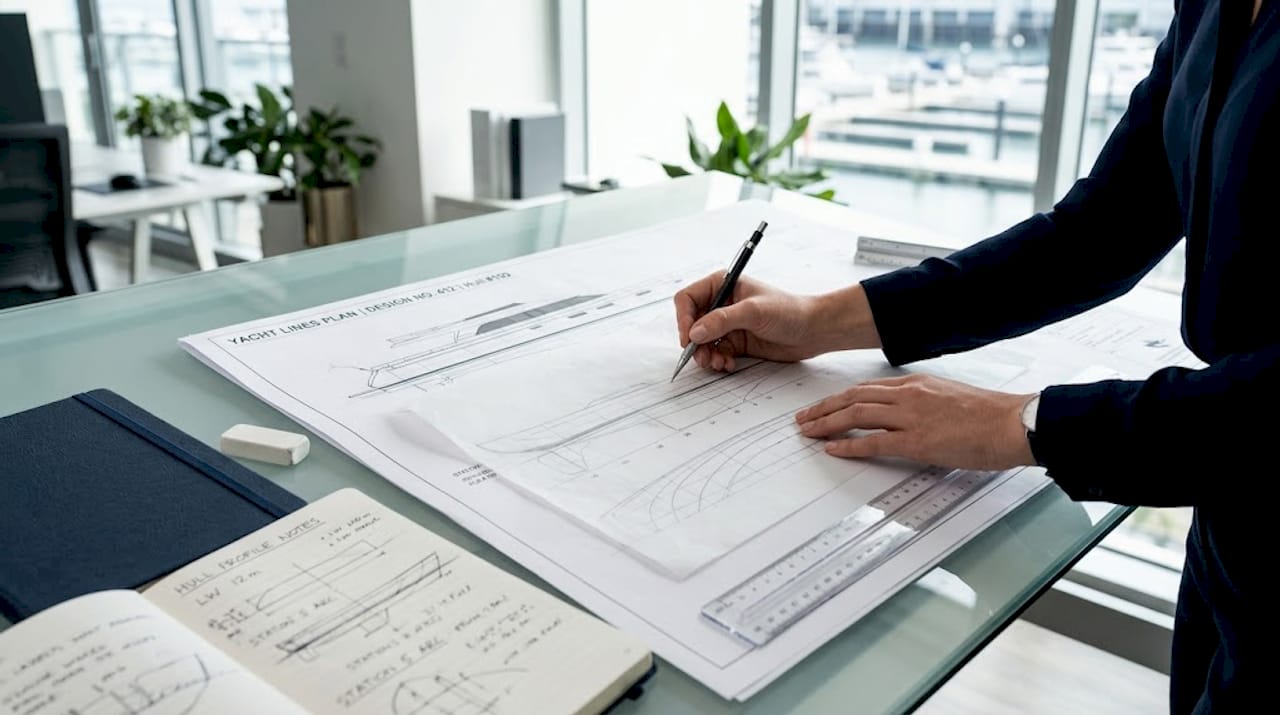 Hands tracing yacht hull lines plan