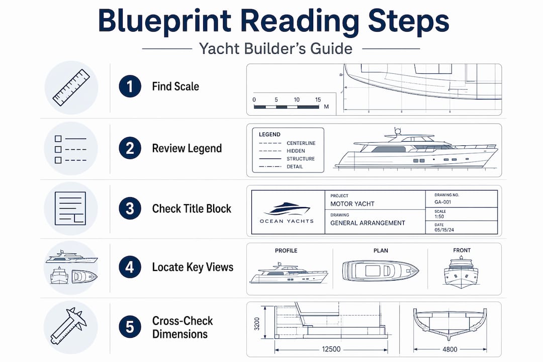 Infographic of yacht blueprint reading process steps
