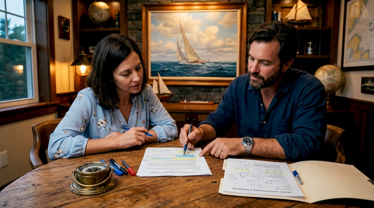 Yacht buyer and broker reviewing contract