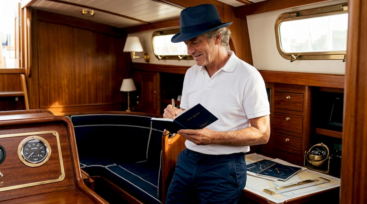 Boat owner updating engine service logbook