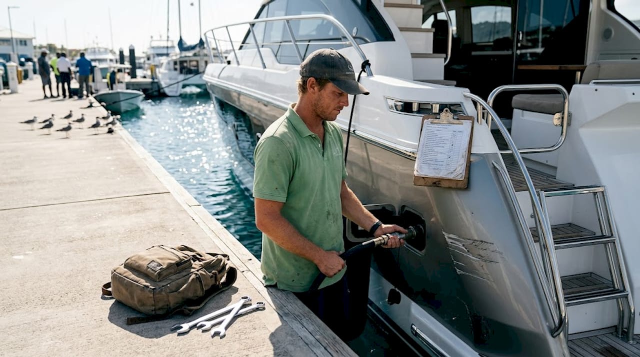 Yacht crew refueling motor yacht at dock