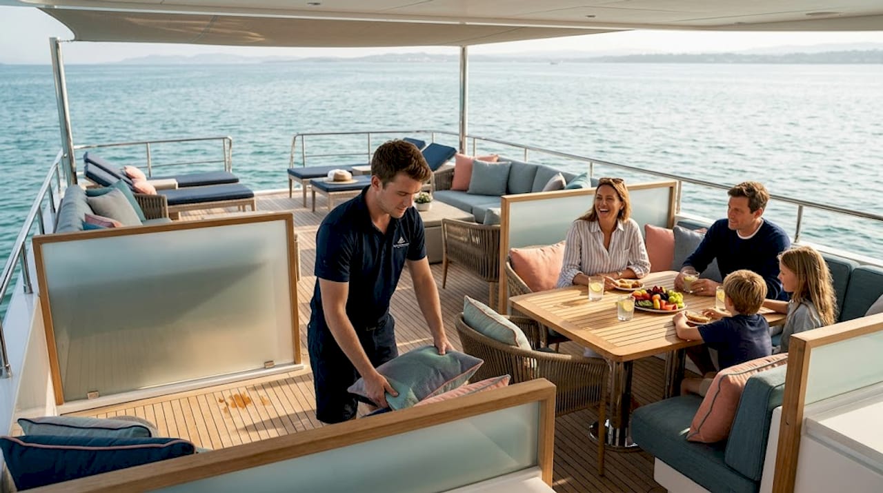 Zones for dining and lounging on yacht deck