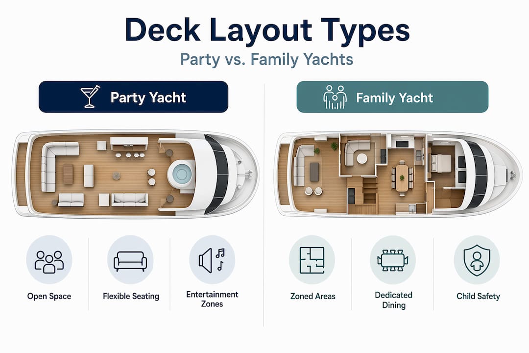 Infographic comparing party vs family yacht deck layouts