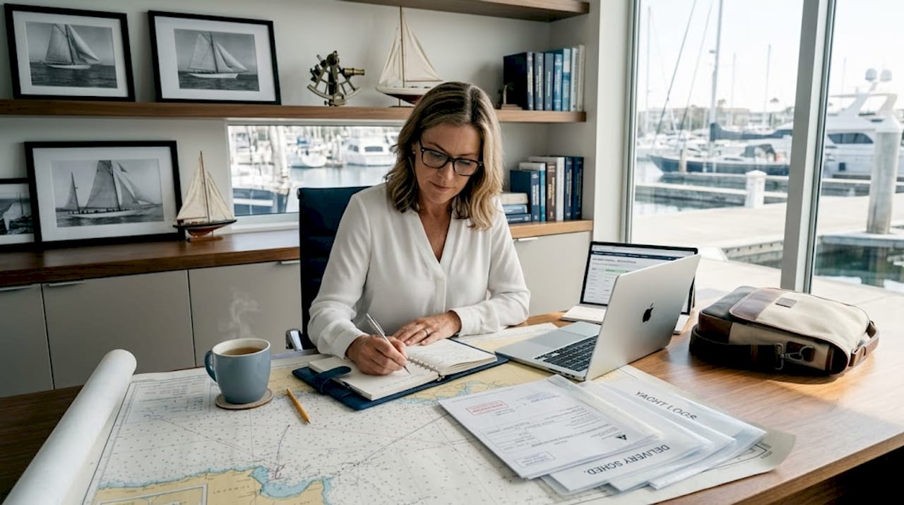 Coordinator organizing yacht delivery paperwork