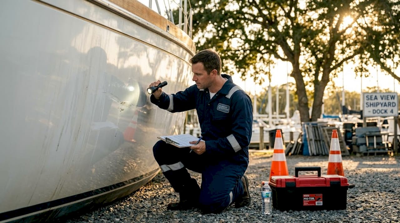 Surveyor inspecting yacht hull for insurance