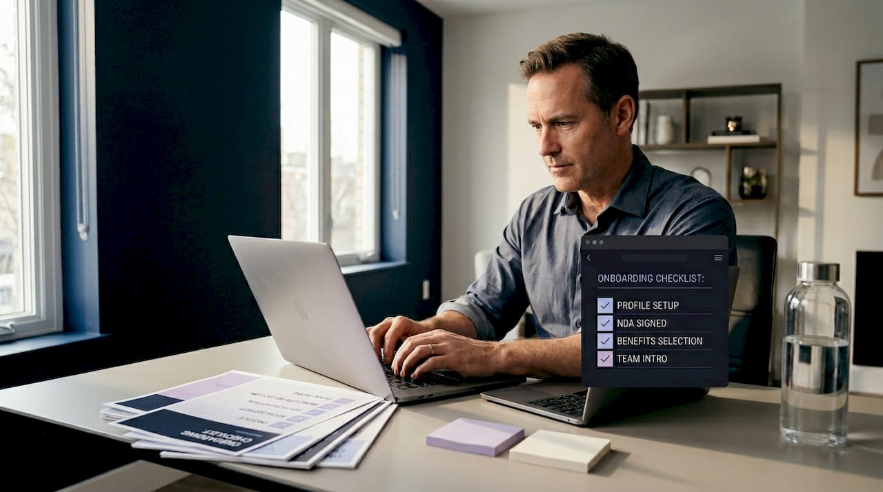 Man completes onboarding at home office desk