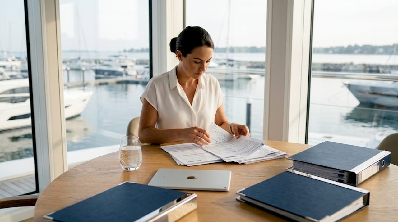 Yacht manager sorting offshore paperwork