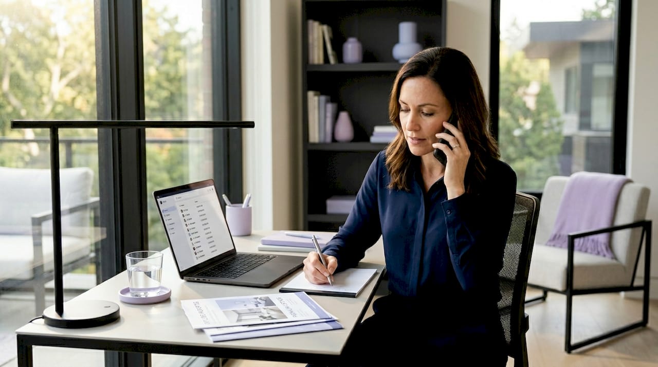 Broker making cold call in home office