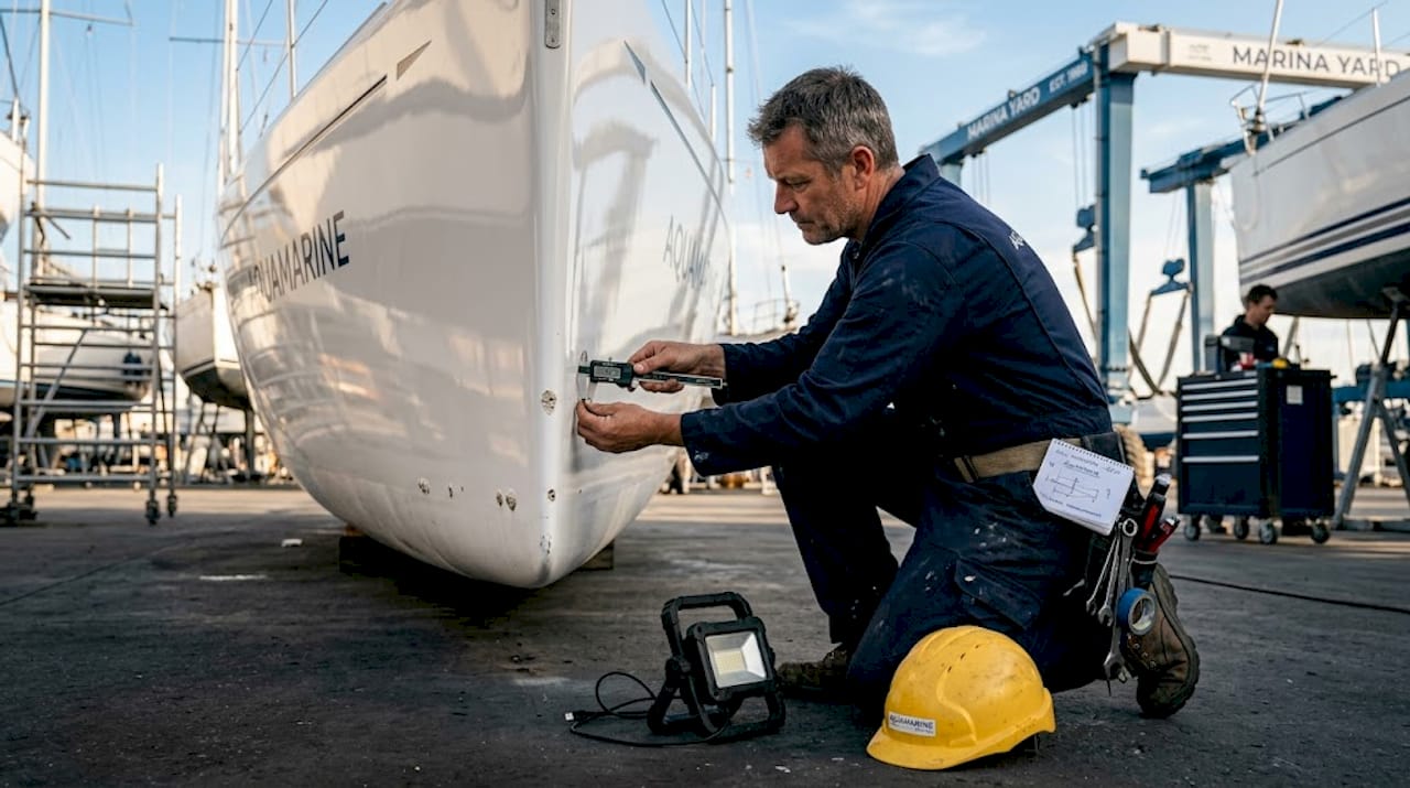 Engineer checks yacht hull in boatyard