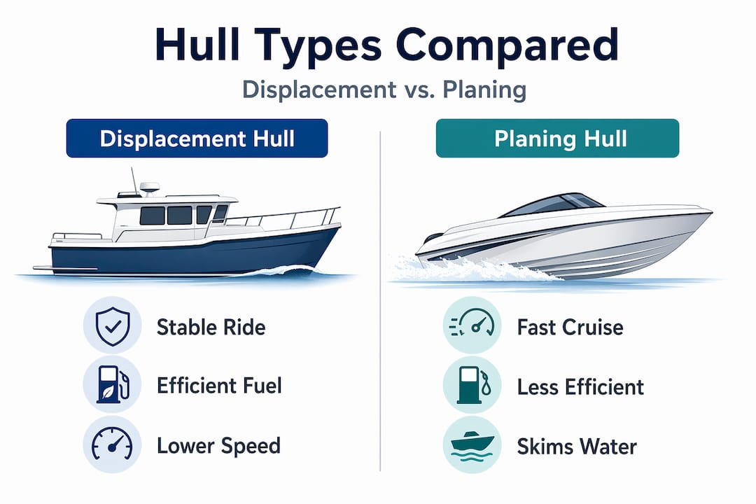 Infographic showing displacement vs planing hull comparison