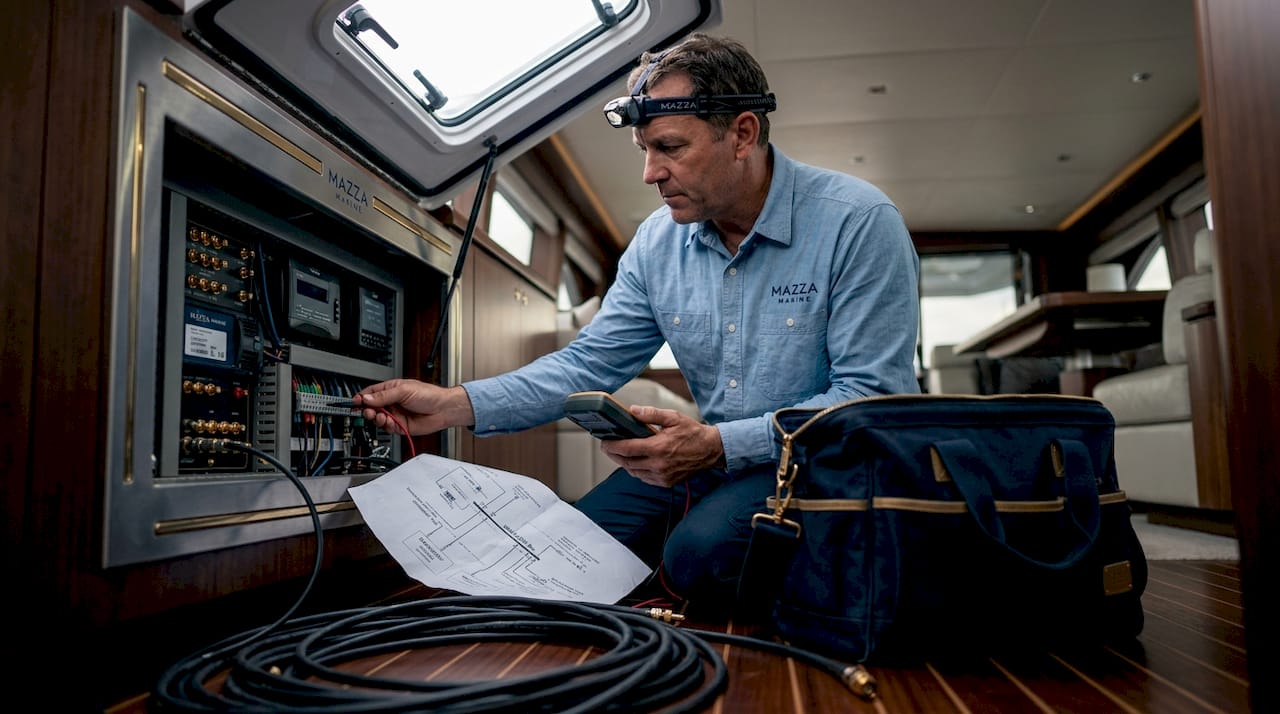 Technician troubleshooting boat electronics panel