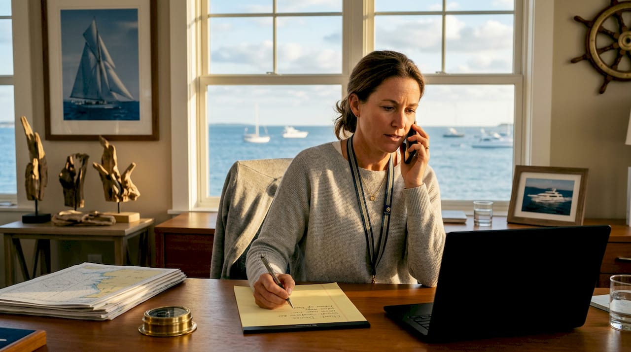 Yacht broker confidential phone call home office