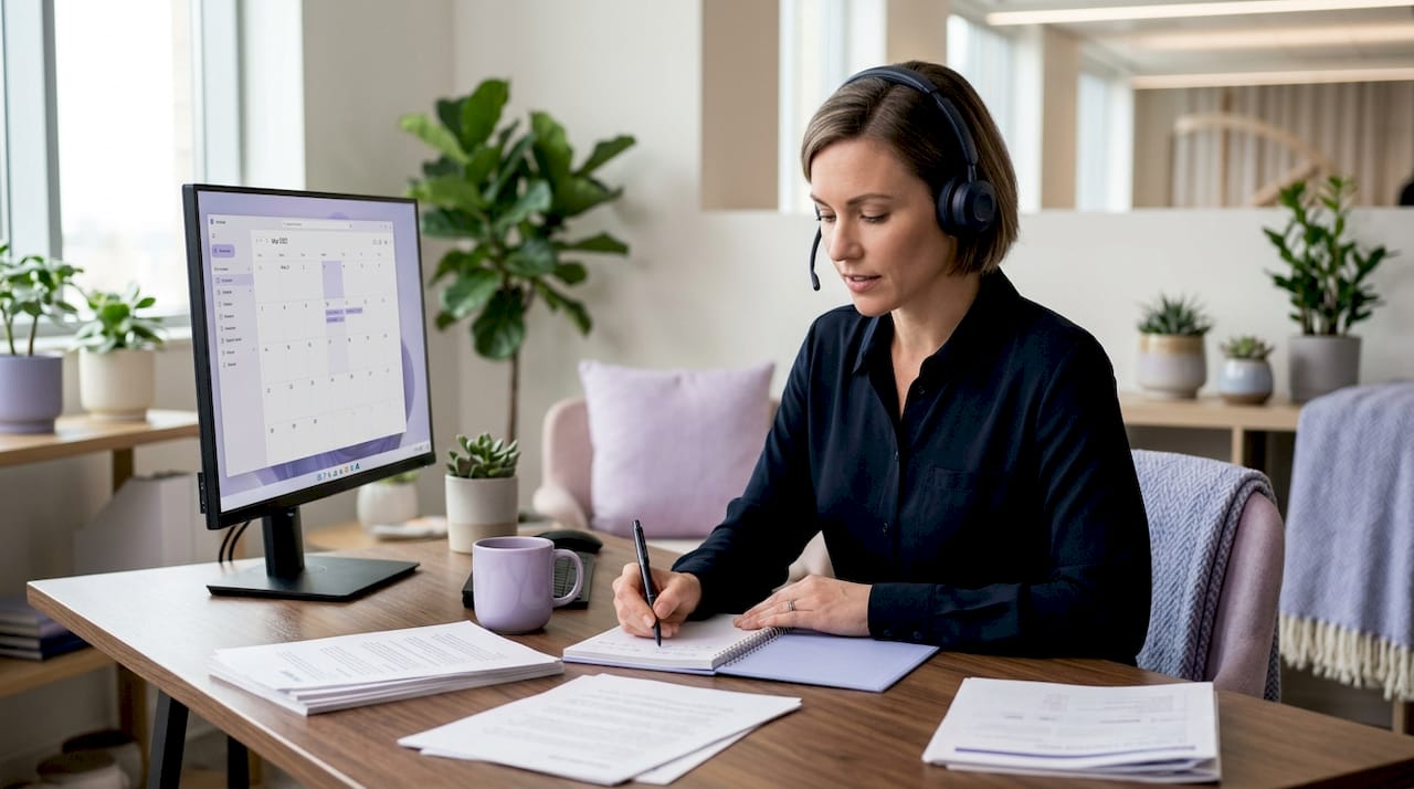 Salesperson taking notes during call in cubicle