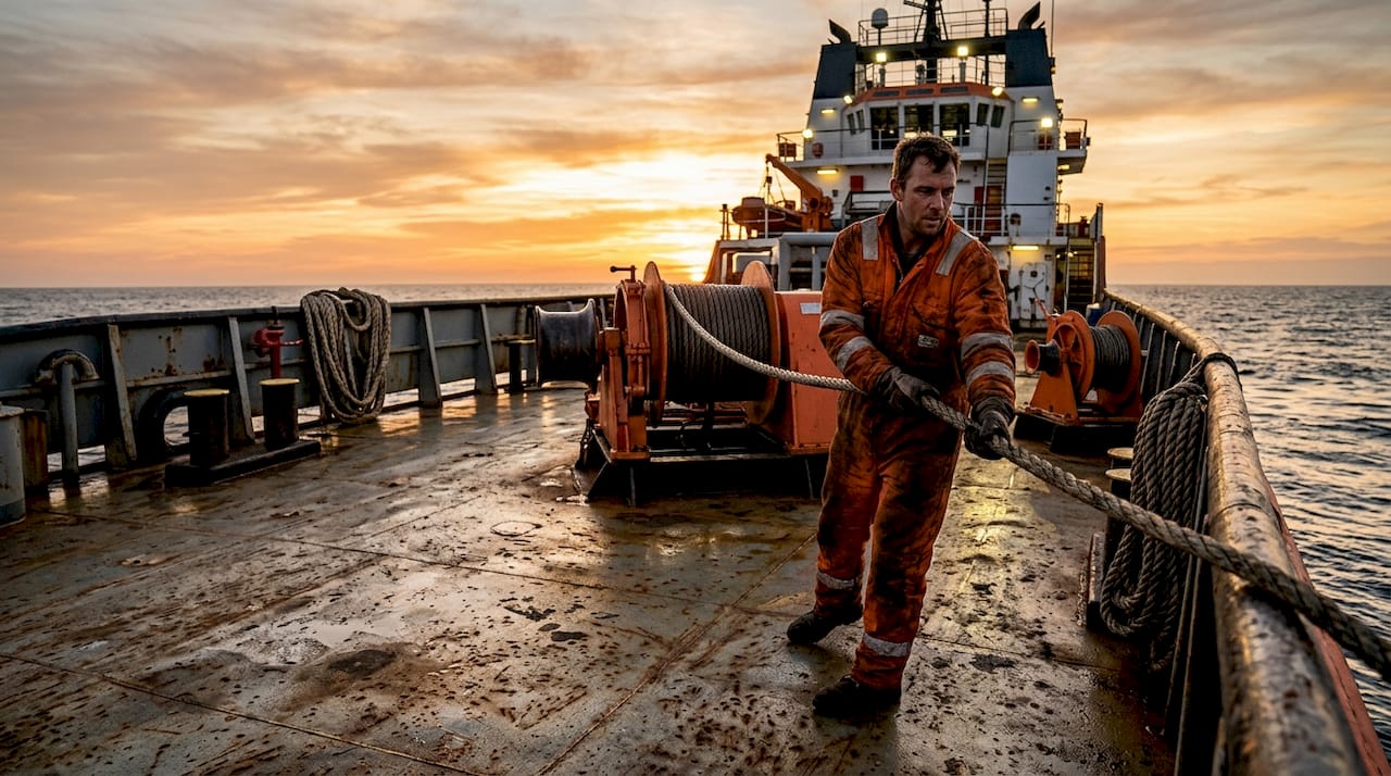 Deckhand managing tow line on supply vessel