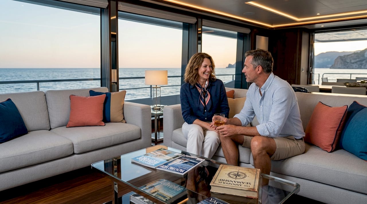 Guests relaxing in superyacht lounge