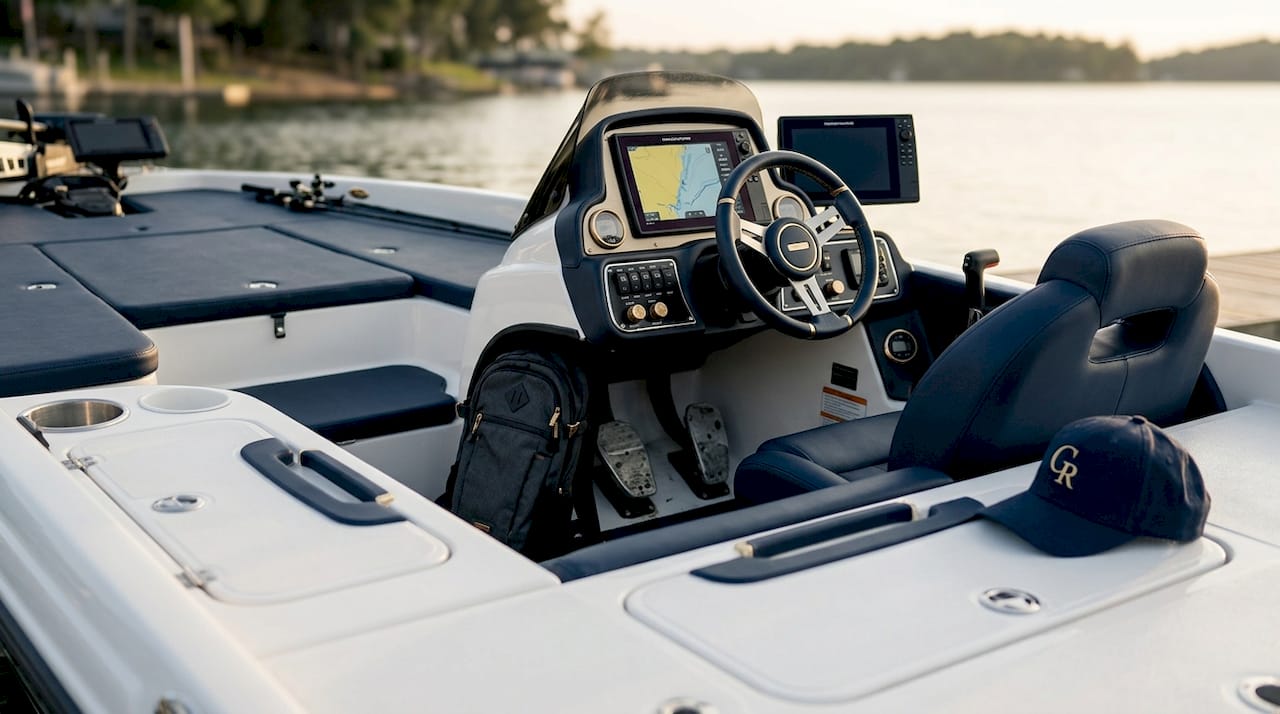 Interior setup of balanced tournament bass boat