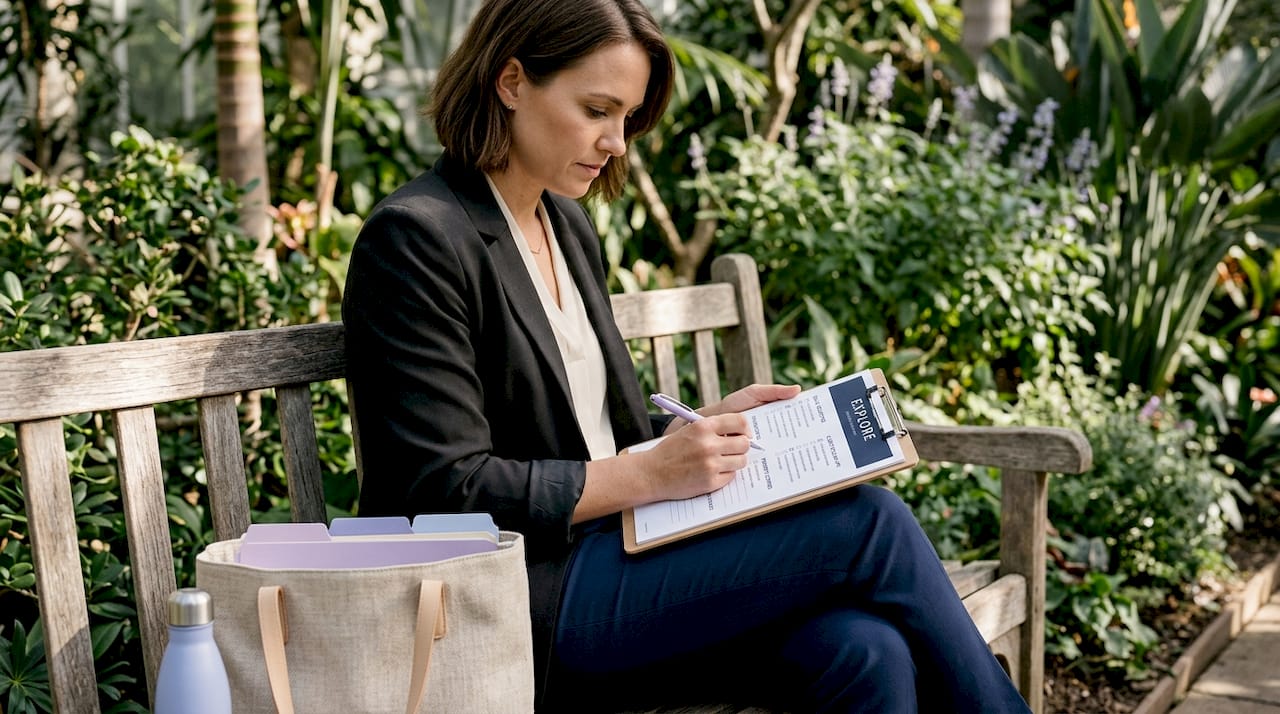 Agent checking productivity list outdoors on park bench