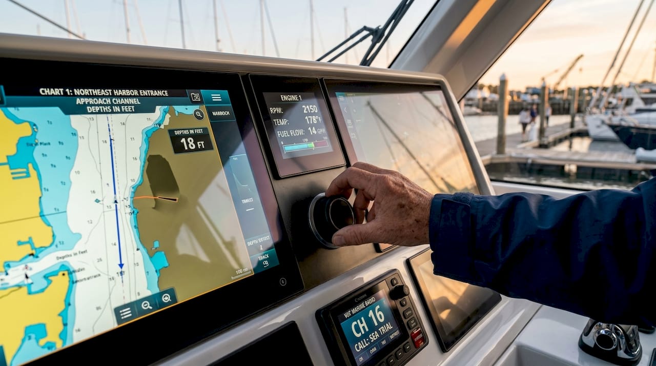 Marine electronics testing on yacht helm