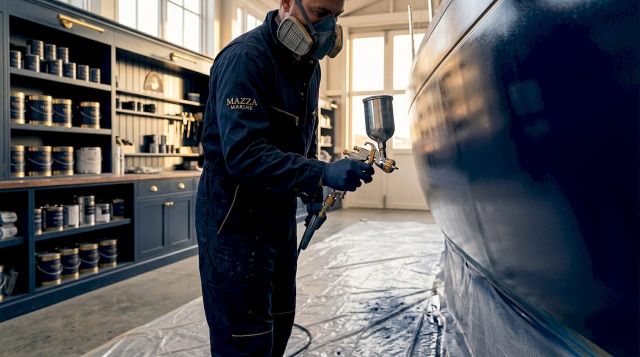 Marine painter spraying boat hull with polyurethane coat