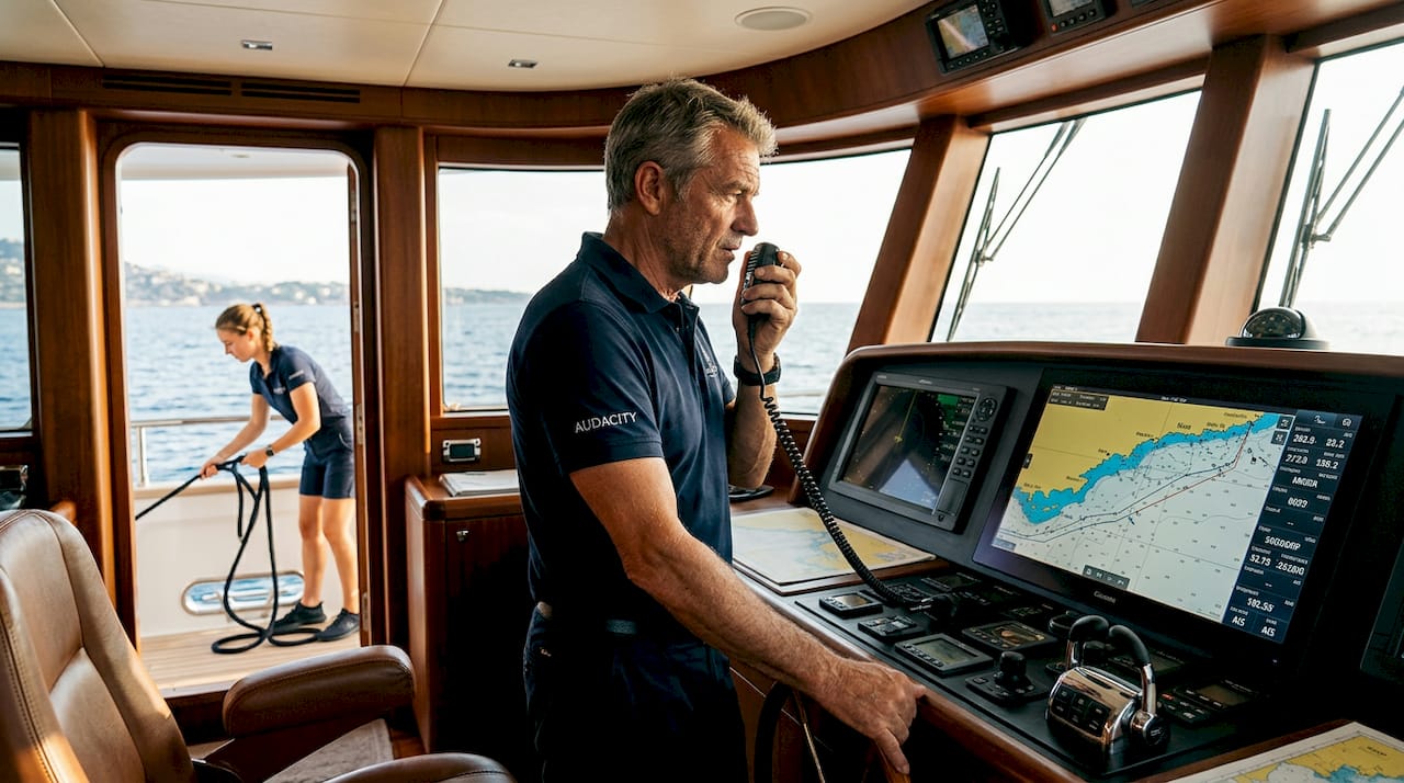 Yacht captain coordinating crew on bridge