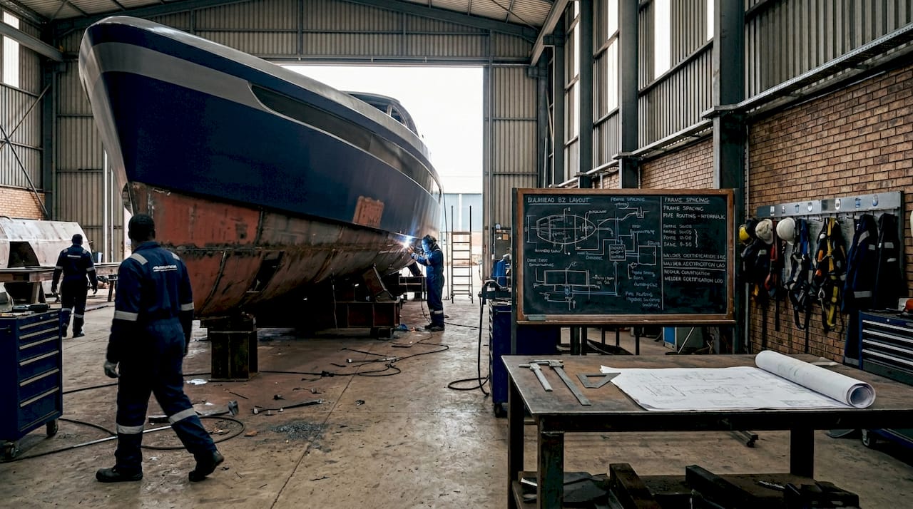 Steel yacht hull under construction close-up